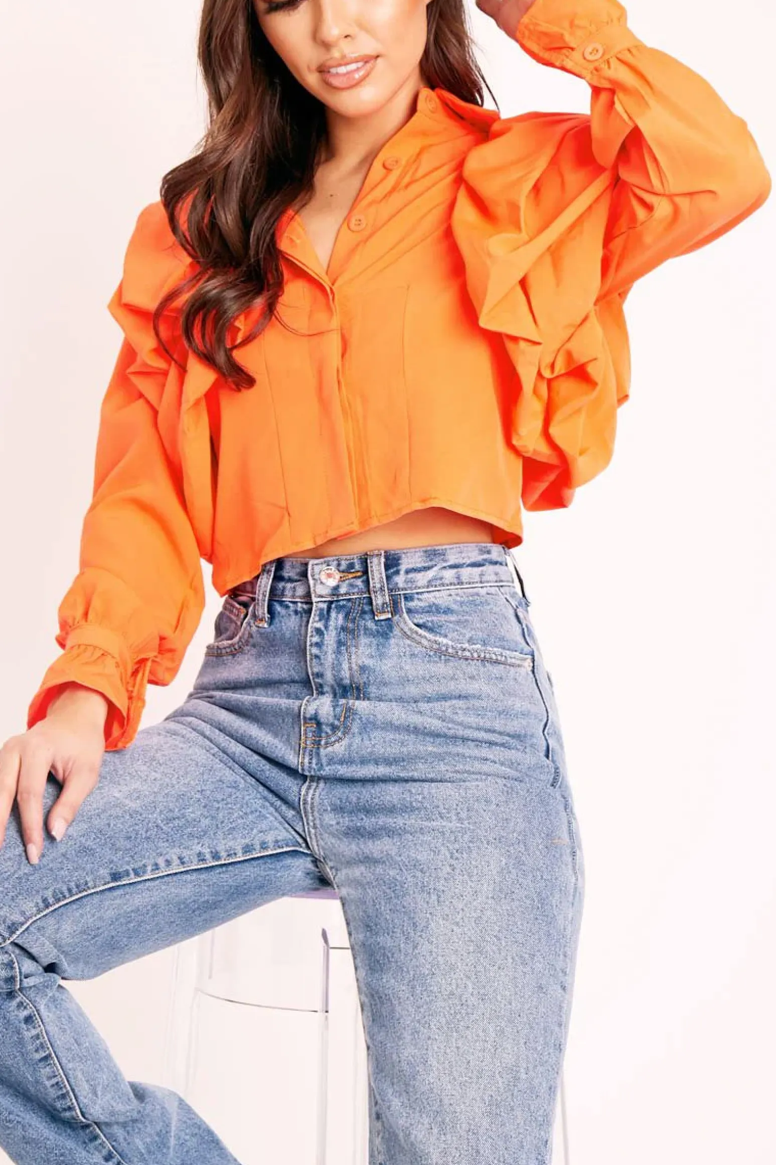 Rebellious Fashion Orange Ruffle Shoulder Cropped Shirt - Fiorella