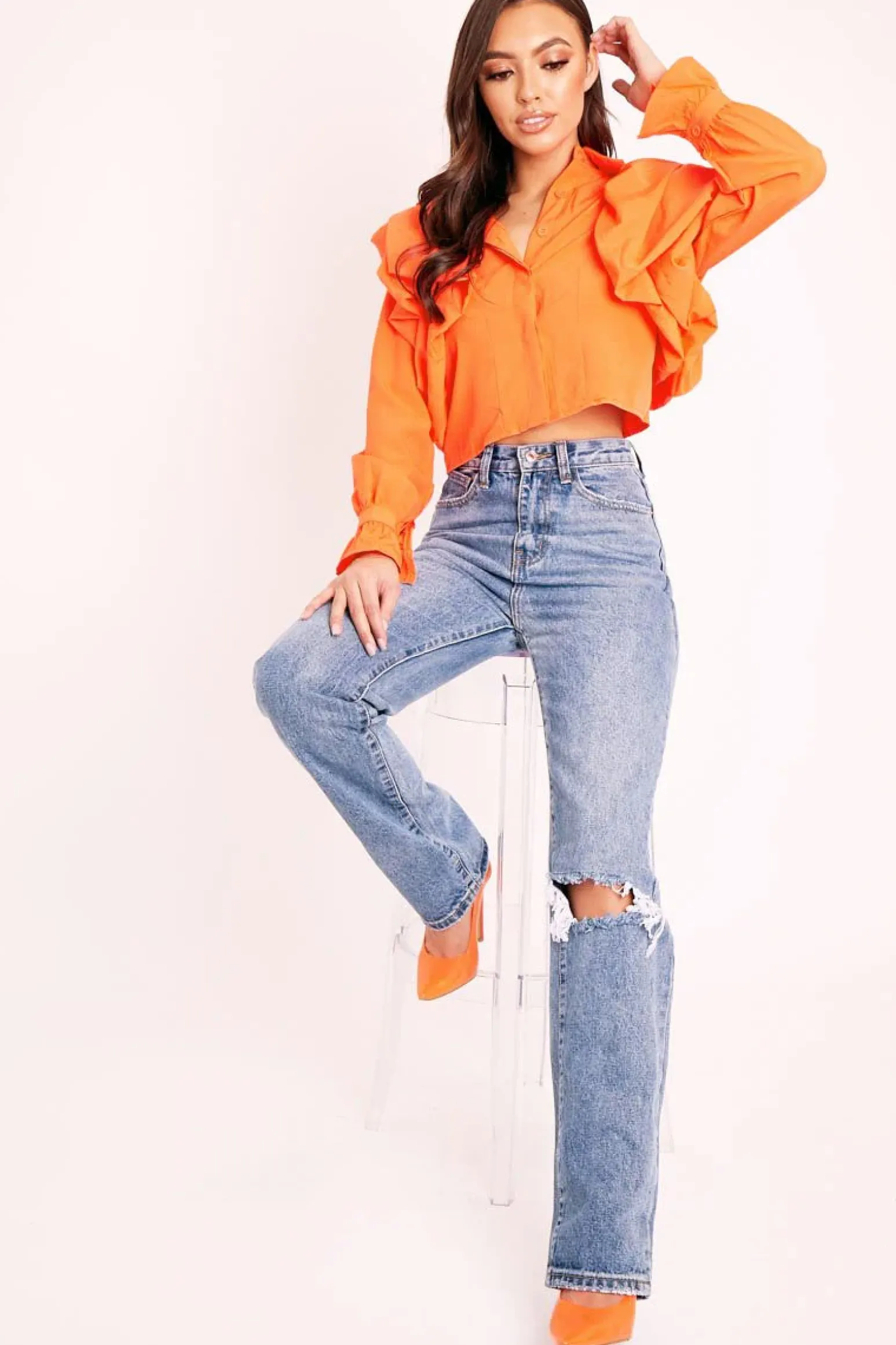 Rebellious Fashion Orange Ruffle Shoulder Cropped Shirt - Fiorella