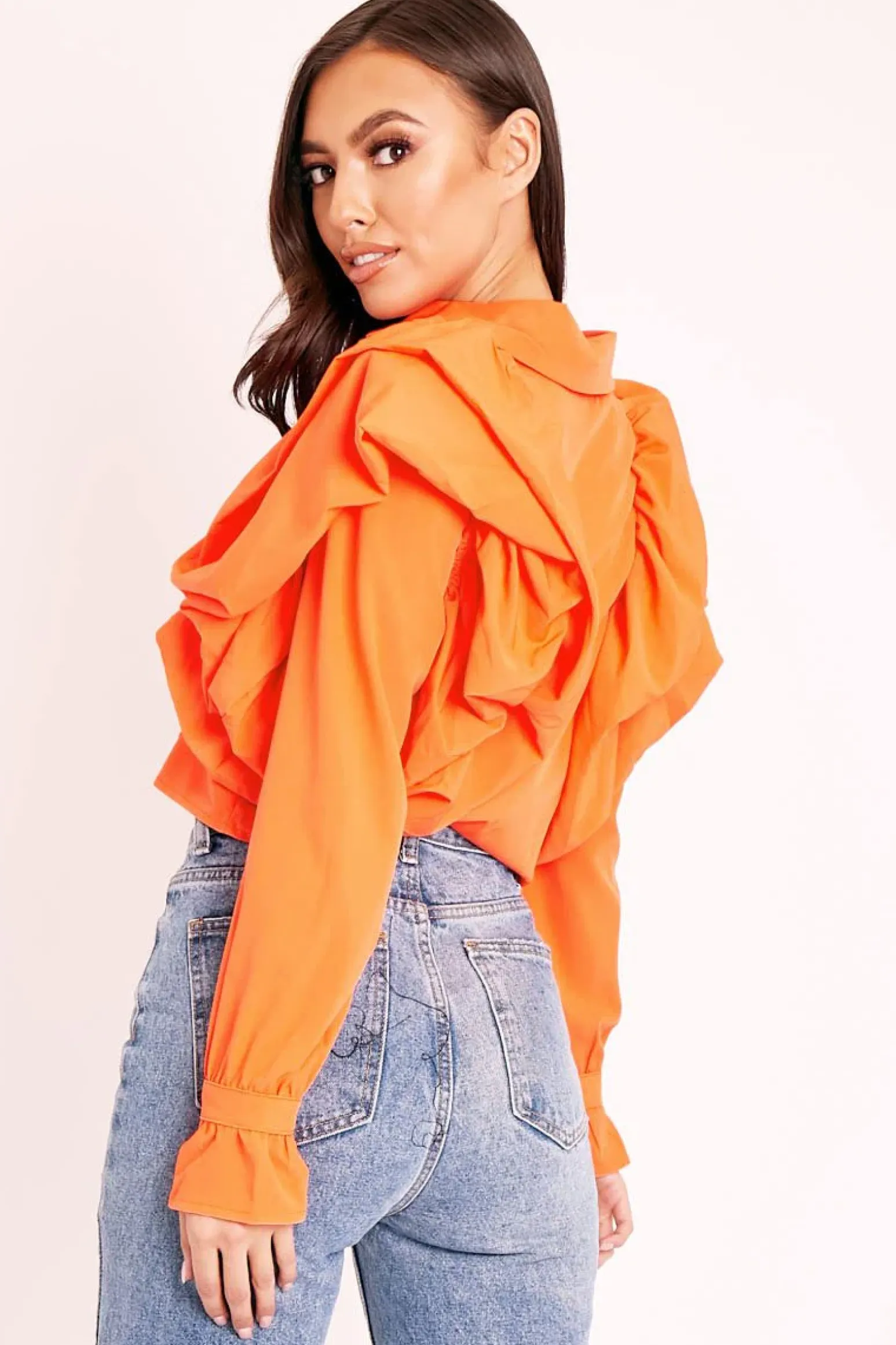Rebellious Fashion Orange Ruffle Shoulder Cropped Shirt - Fiorella