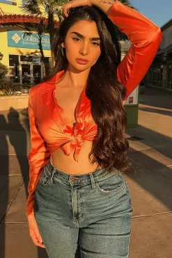 Rebellious Fashion Orange Satin Cut Out Tie Front Bodysuit - Ezabella