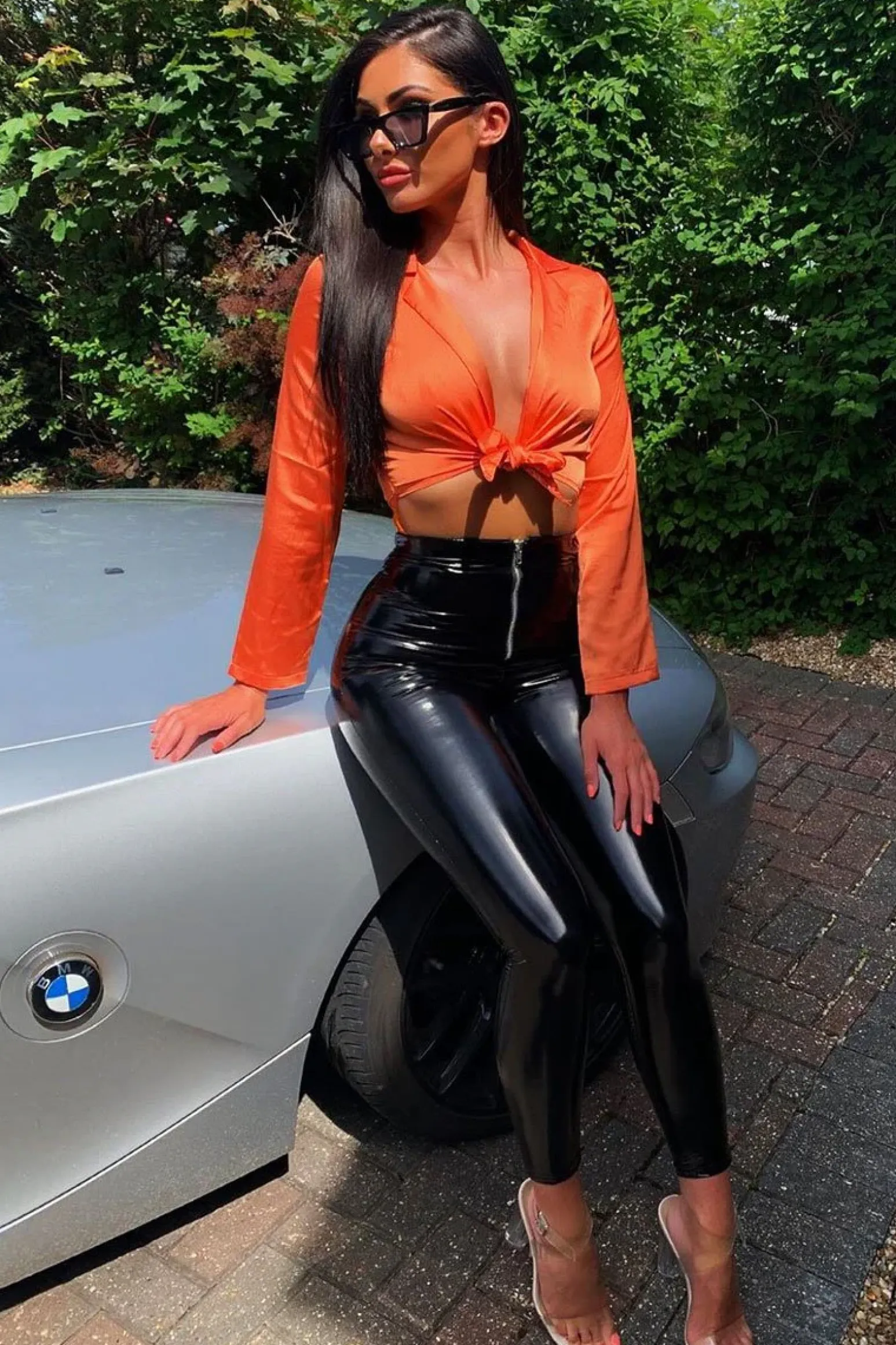 Rebellious Fashion Orange Satin Cut Out Tie Front Bodysuit - Ezabella