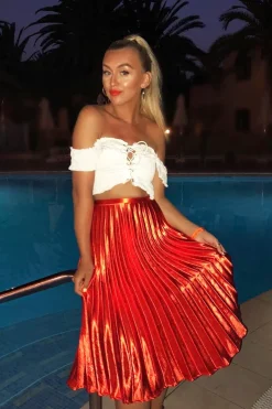 Rebellious Fashion Orange Satin Pleated Midi Skirt - Kelyn