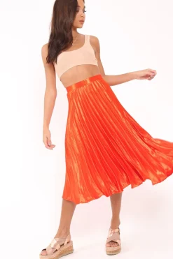 Rebellious Fashion Orange Satin Pleated Midi Skirt - Kelyn