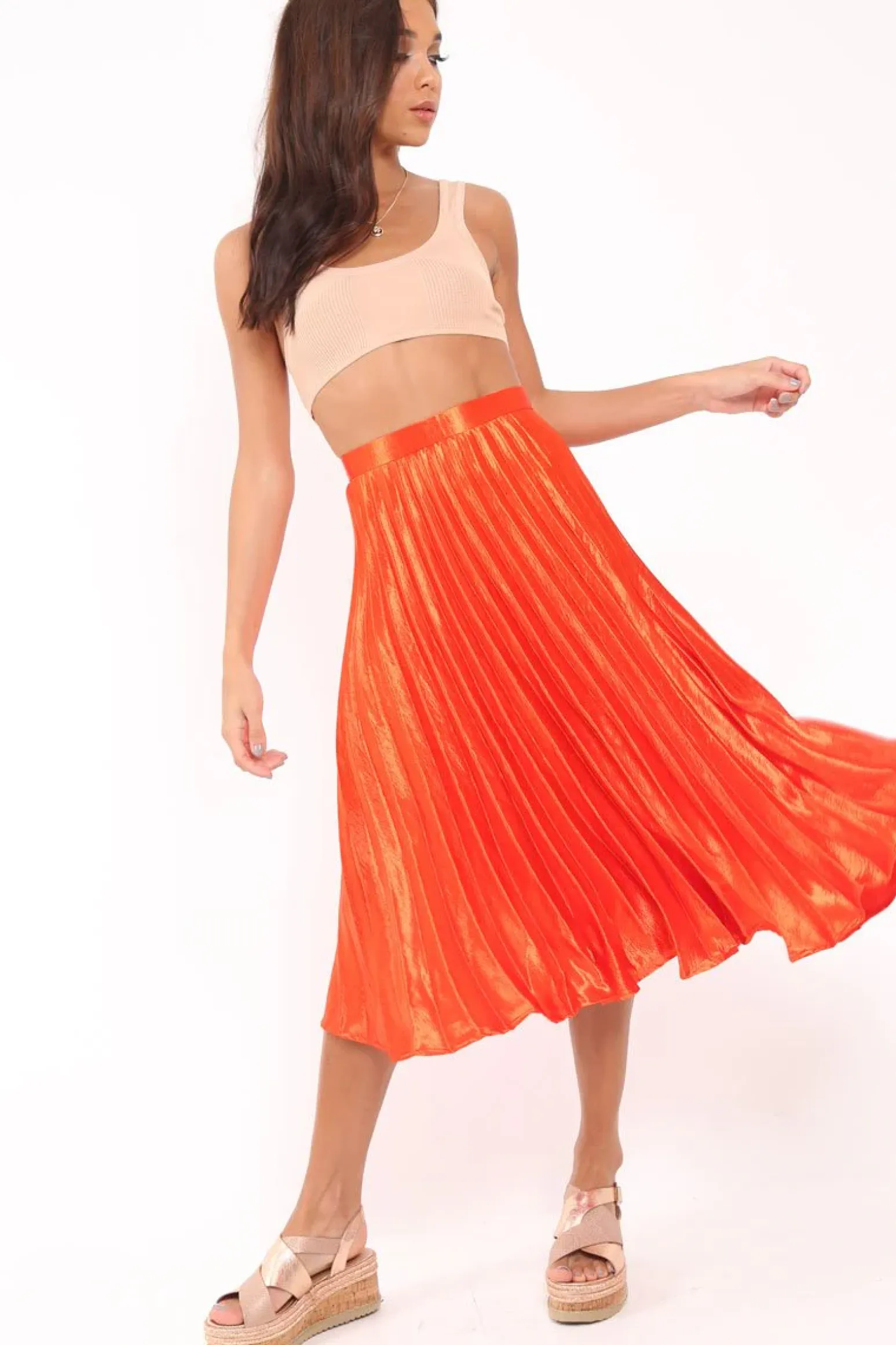 Rebellious Fashion Orange Satin Pleated Midi Skirt - Kelyn