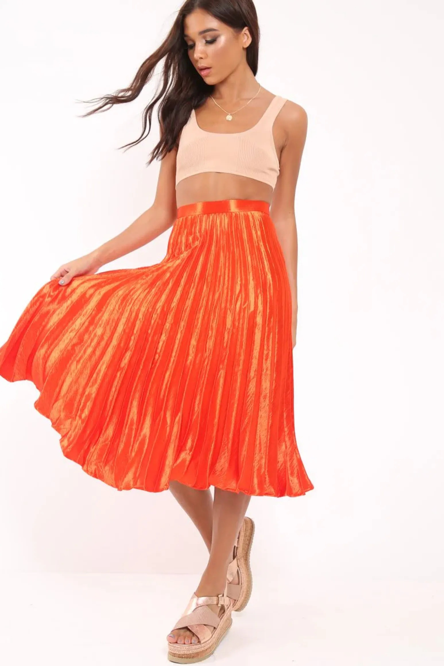 Rebellious Fashion Orange Satin Pleated Midi Skirt - Kelyn