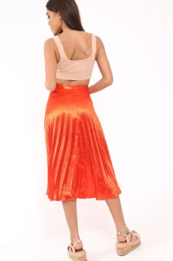 Rebellious Fashion Orange Satin Pleated Midi Skirt - Kelyn
