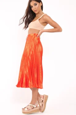 Rebellious Fashion Orange Satin Pleated Midi Skirt - Kelyn