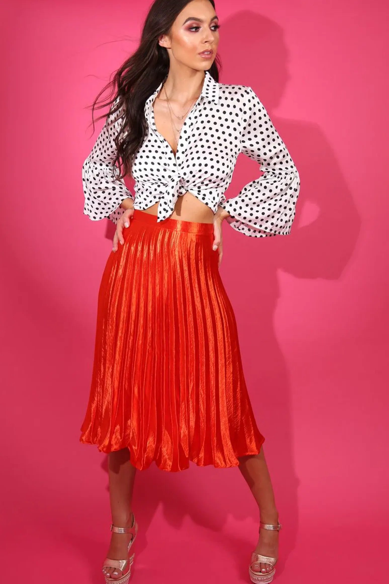 Rebellious Fashion Orange Satin Pleated Midi Skirt - Kelyn