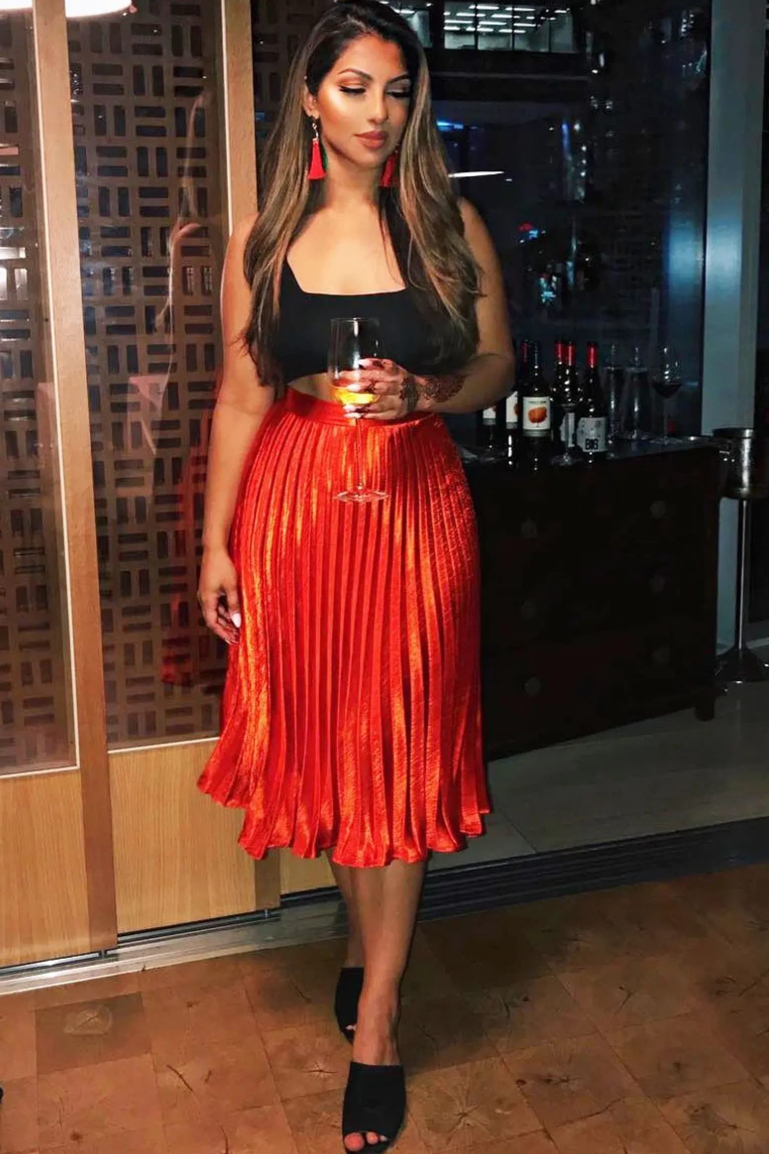 Rebellious Fashion Orange Satin Pleated Midi Skirt - Kelyn