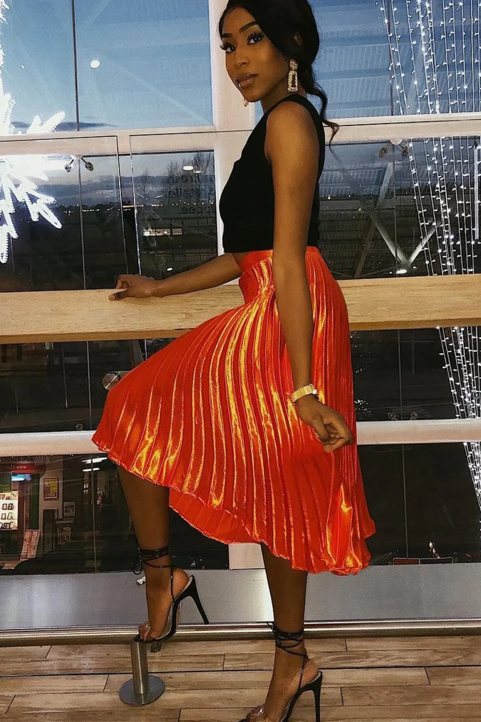Rebellious Fashion Orange Satin Pleated Midi Skirt - Kelyn