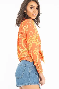 Rebellious Fashion Orange Scarf and Chain Print Tie T-shirt - Murl