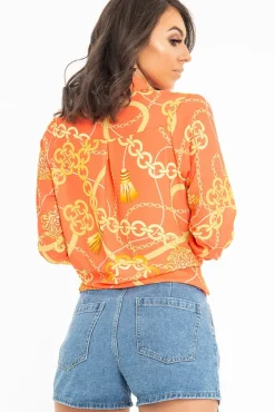 Rebellious Fashion Orange Scarf and Chain Print Tie T-shirt - Murl
