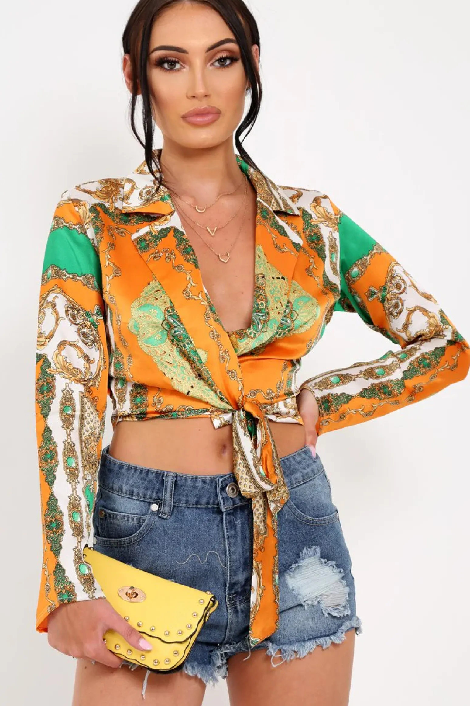 Rebellious Fashion Orange Scarf Print Tie Front Cropped Shirt - Nishitha