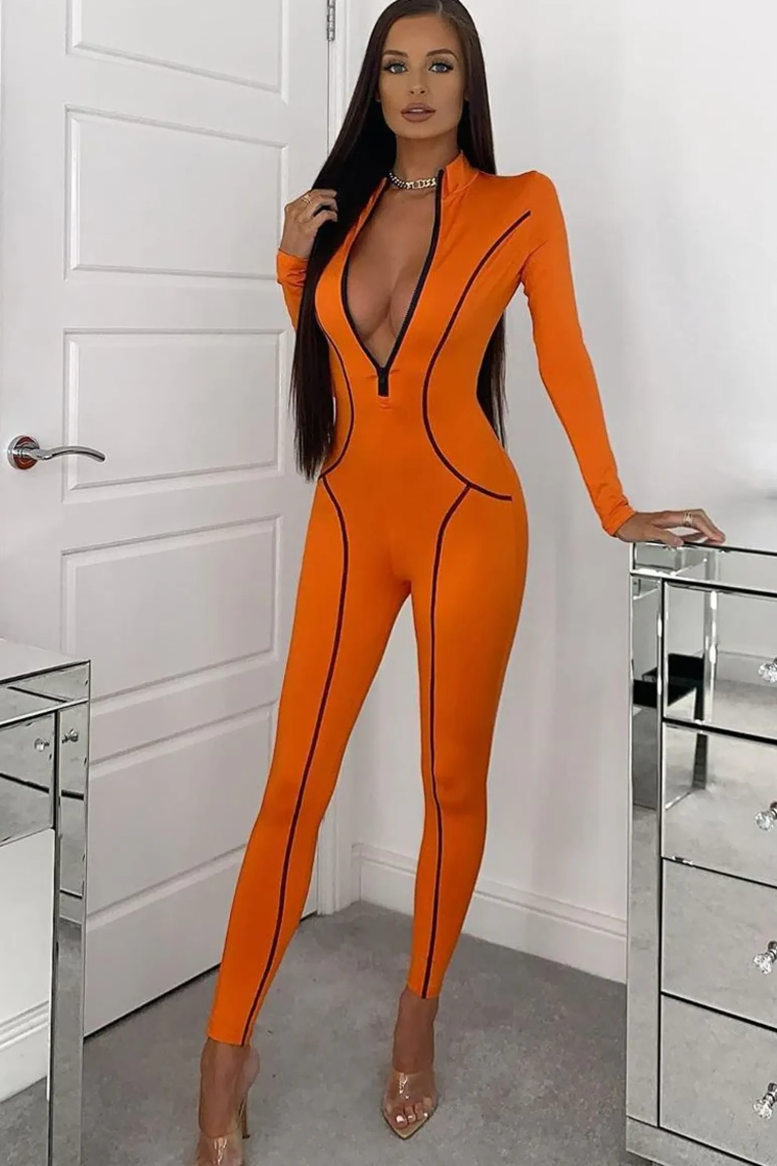 Rebellious Fashion Orange Seam Detail Zip Front Jumpsuit - Liana