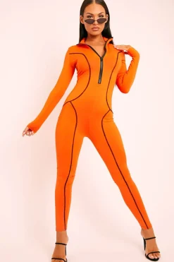Rebellious Fashion Orange Seam Detail Zip Front Jumpsuit - Liana
