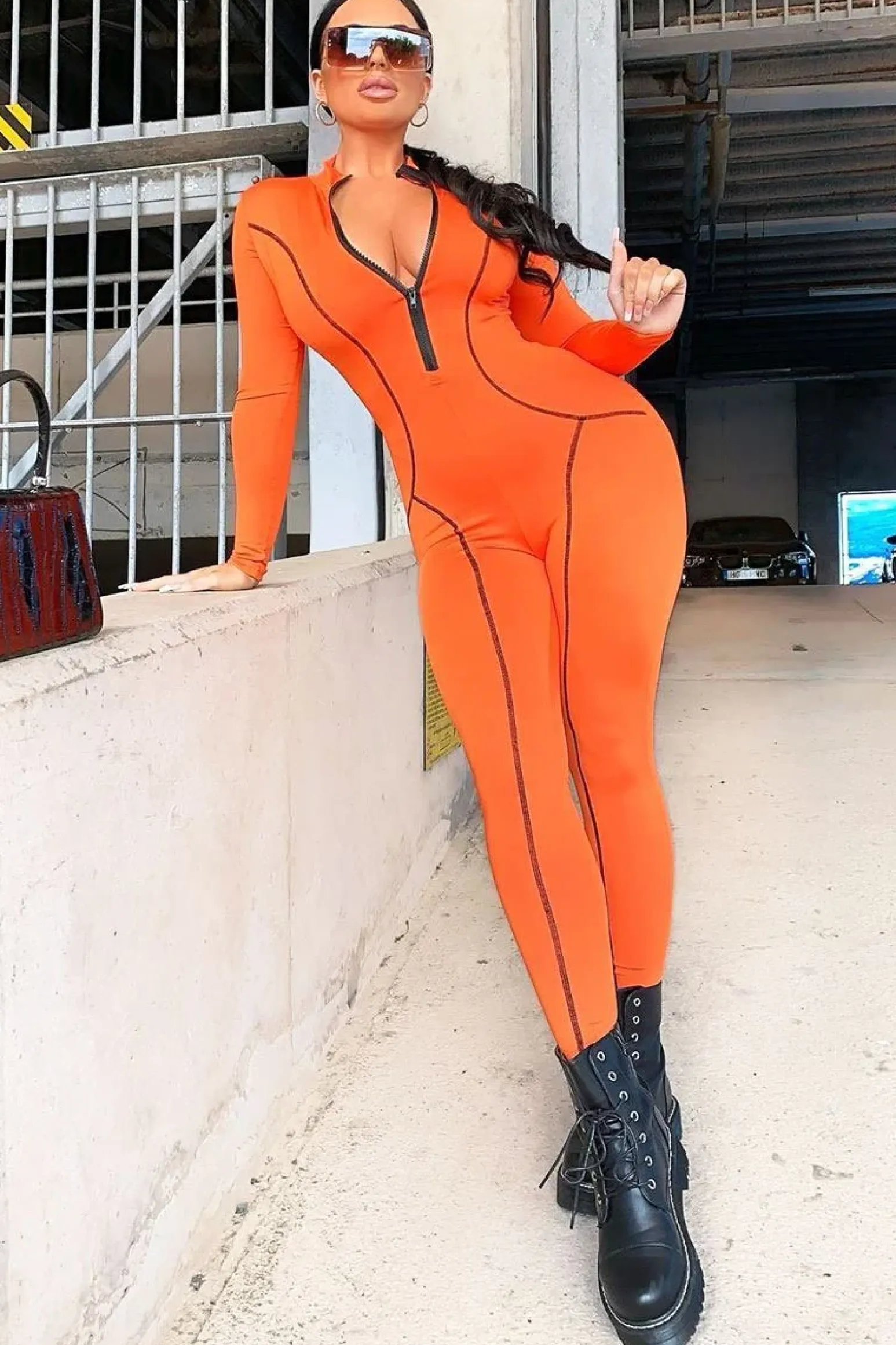 Rebellious Fashion Orange Seam Detail Zip Front Jumpsuit - Liana