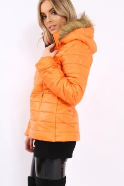Rebellious Fashion Orange Shiny Puffer Coat with Fur Hood - Idy