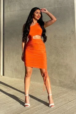 Rebellious Fashion Orange Slinky One Shoulder Cut Out Dress - Semira