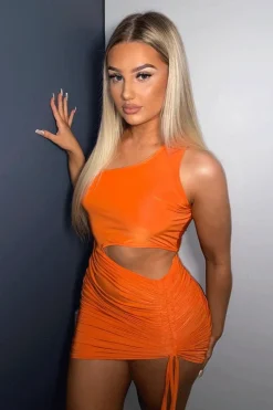 Rebellious Fashion Orange Slinky One Shoulder Cut Out Dress - Semira