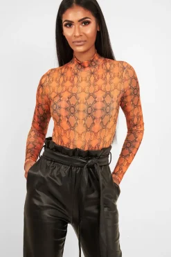 Rebellious Fashion Orange Snake Print Slinky High Neck Bodysuit - Abira
