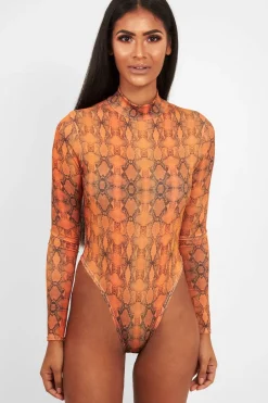 Rebellious Fashion Orange Snake Print Slinky High Neck Bodysuit - Abira