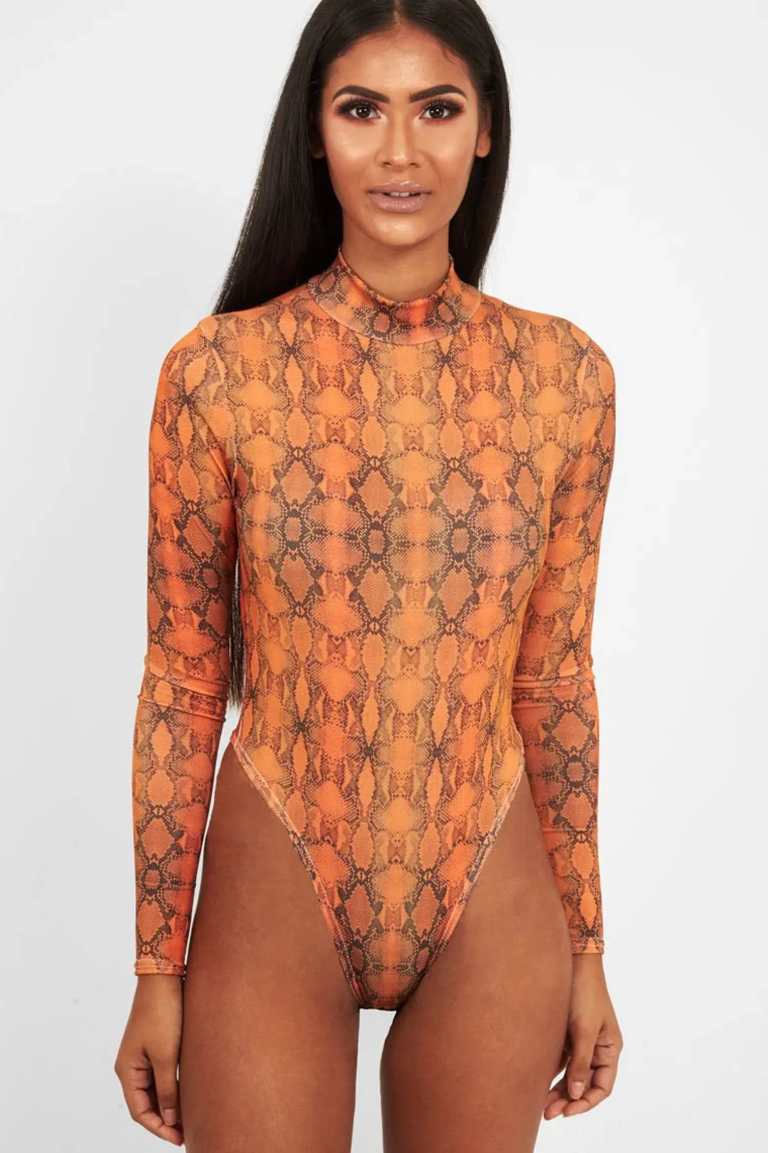 Rebellious Fashion Orange Snake Print Slinky High Neck Bodysuit - Abira