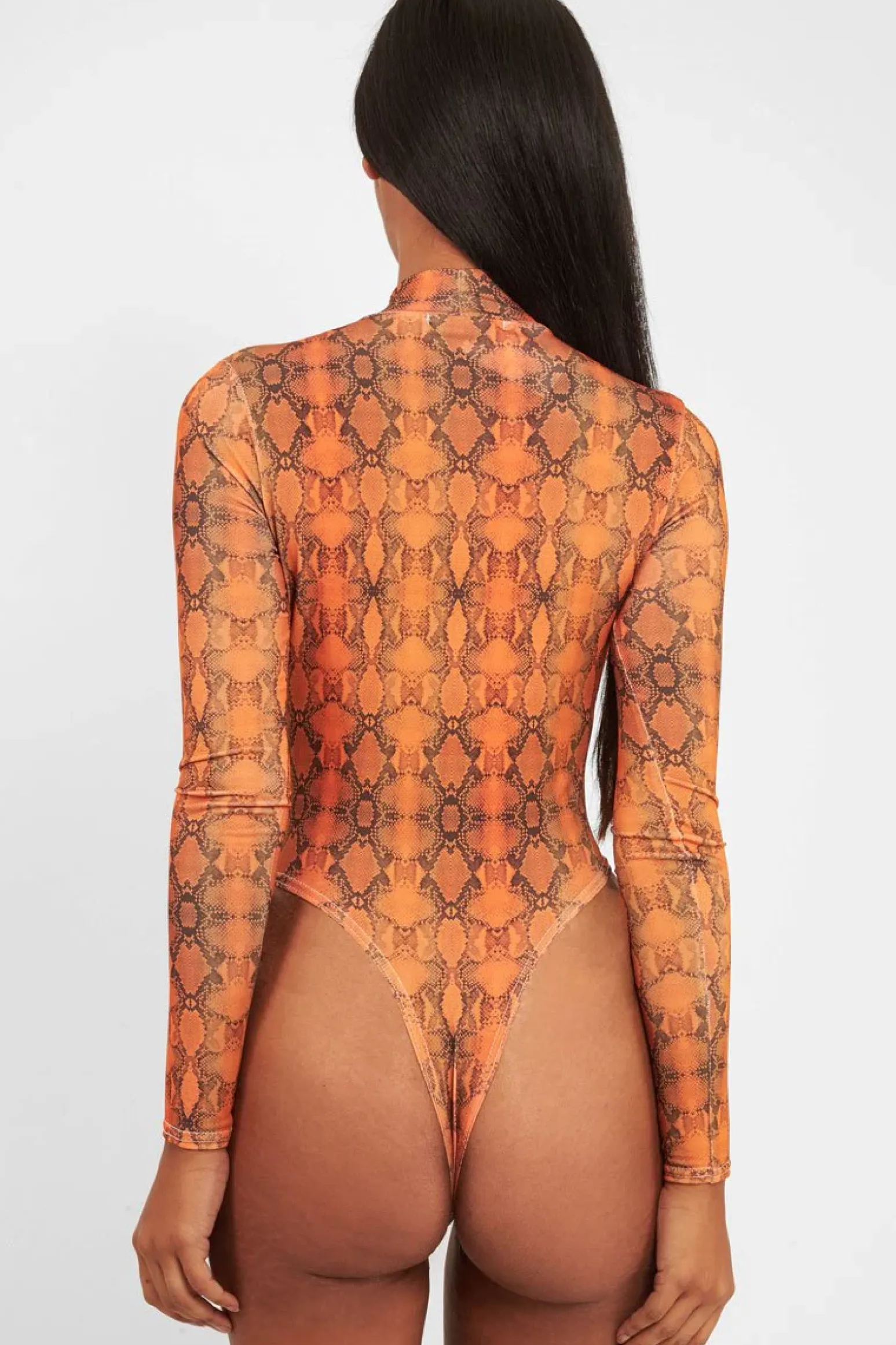 Rebellious Fashion Orange Snake Print Slinky High Neck Bodysuit - Abira