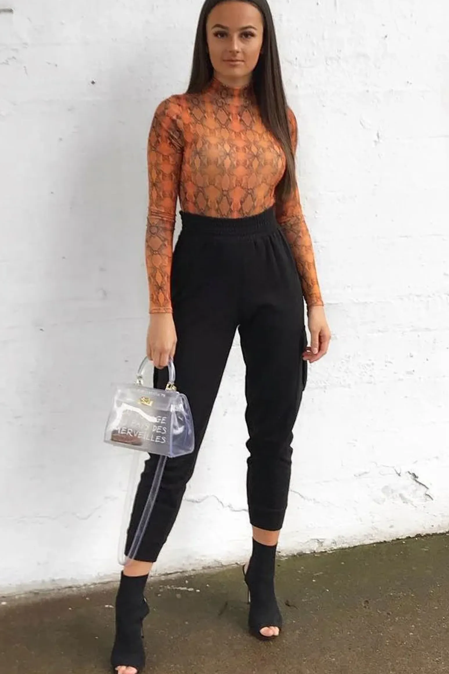 Rebellious Fashion Orange Snake Print Slinky High Neck Bodysuit - Abira