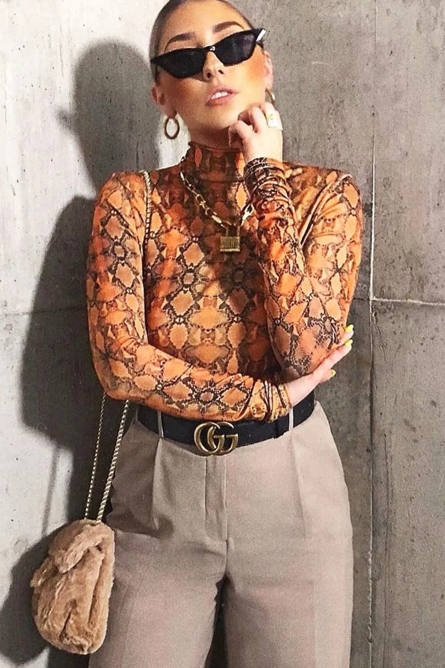 Rebellious Fashion Orange Snake Print Slinky High Neck Bodysuit - Abira