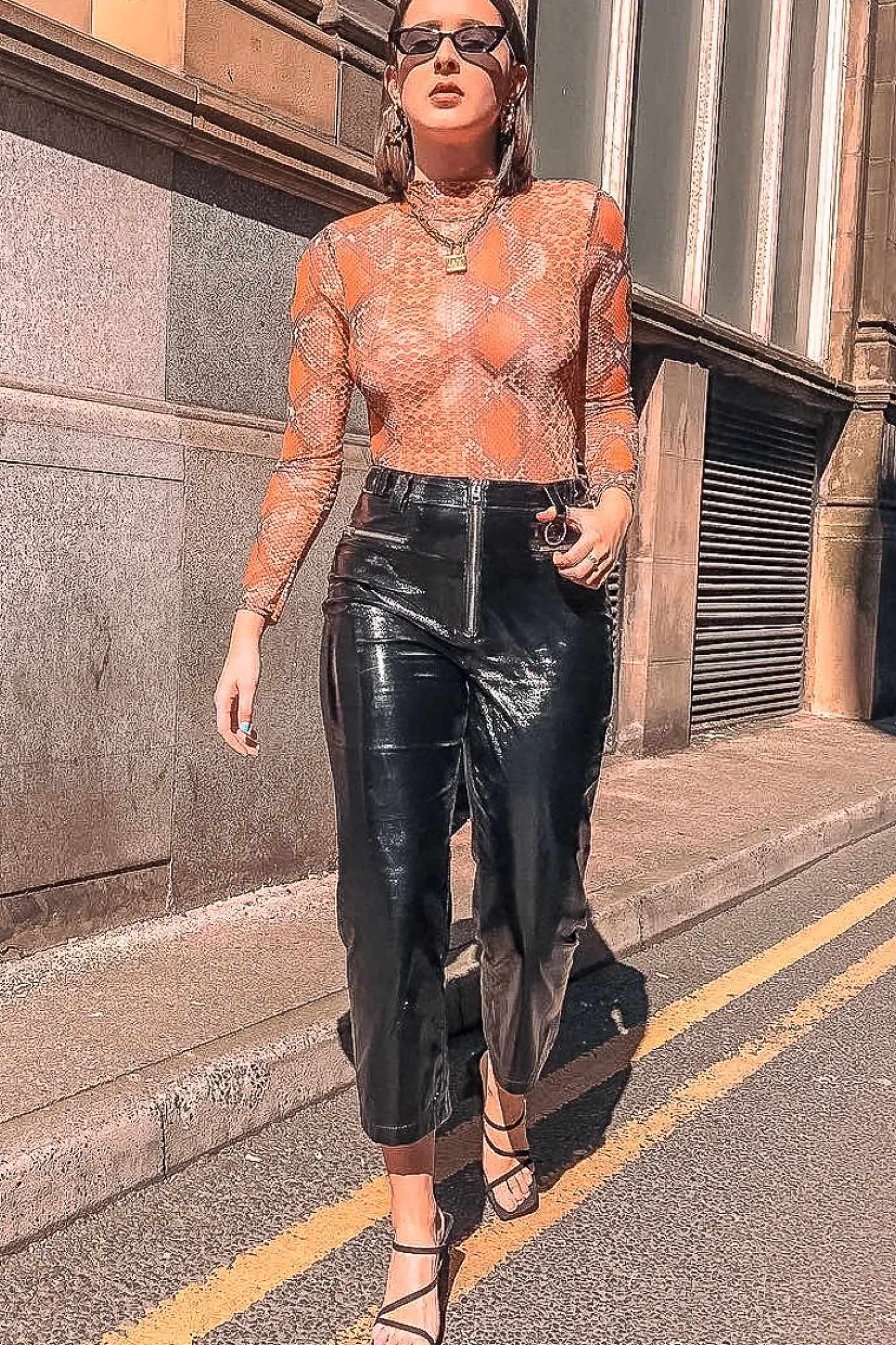Rebellious Fashion Orange Snake Print Slinky High Neck Bodysuit - Abira