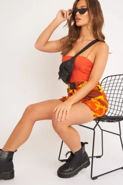 Rebellious Fashion Orange Square Neck Slinky Bodysuit - Sadie