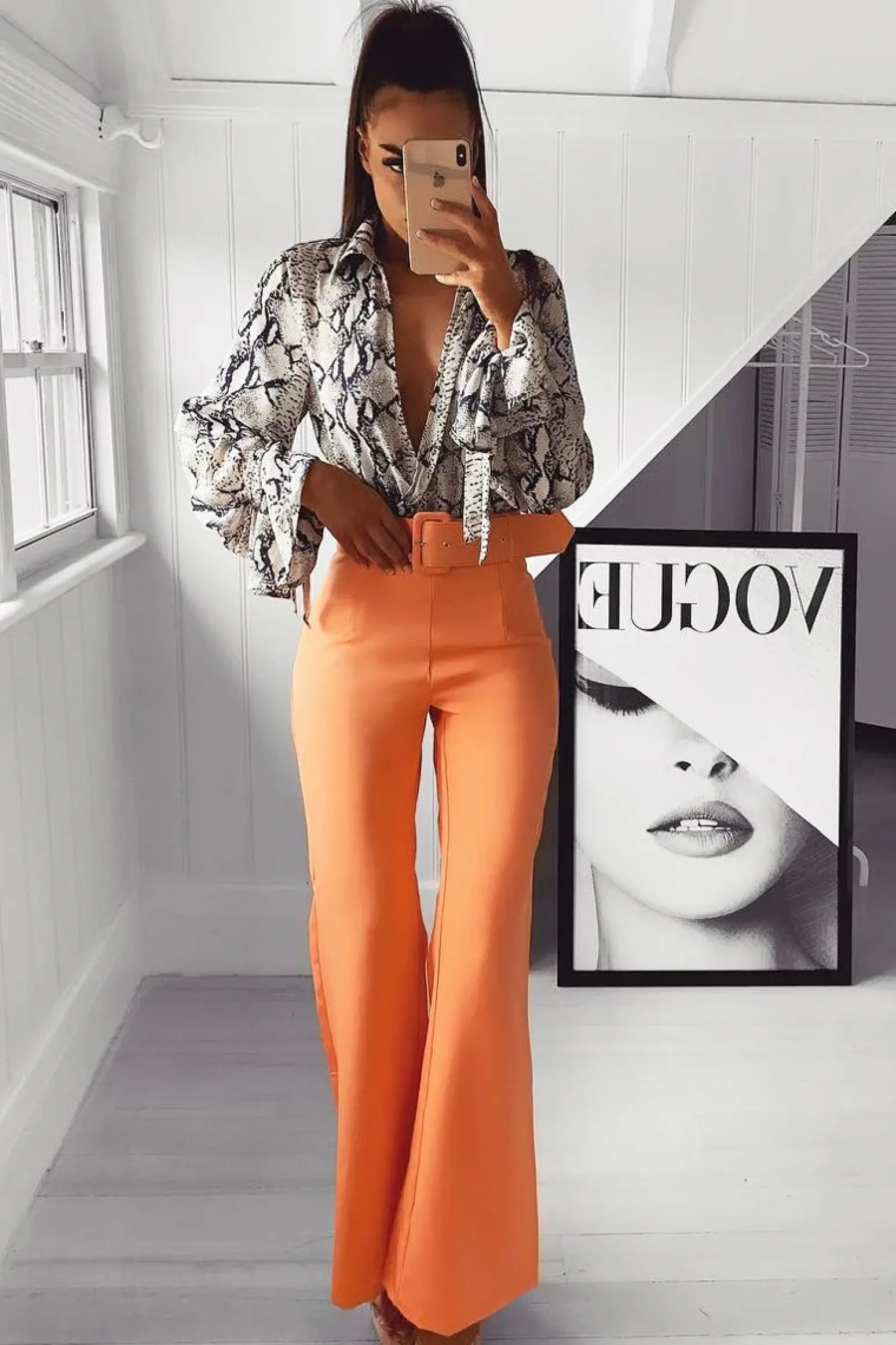 Rebellious Fashion Orange Tailored Wide Leg Belted Trousers - Chenelle