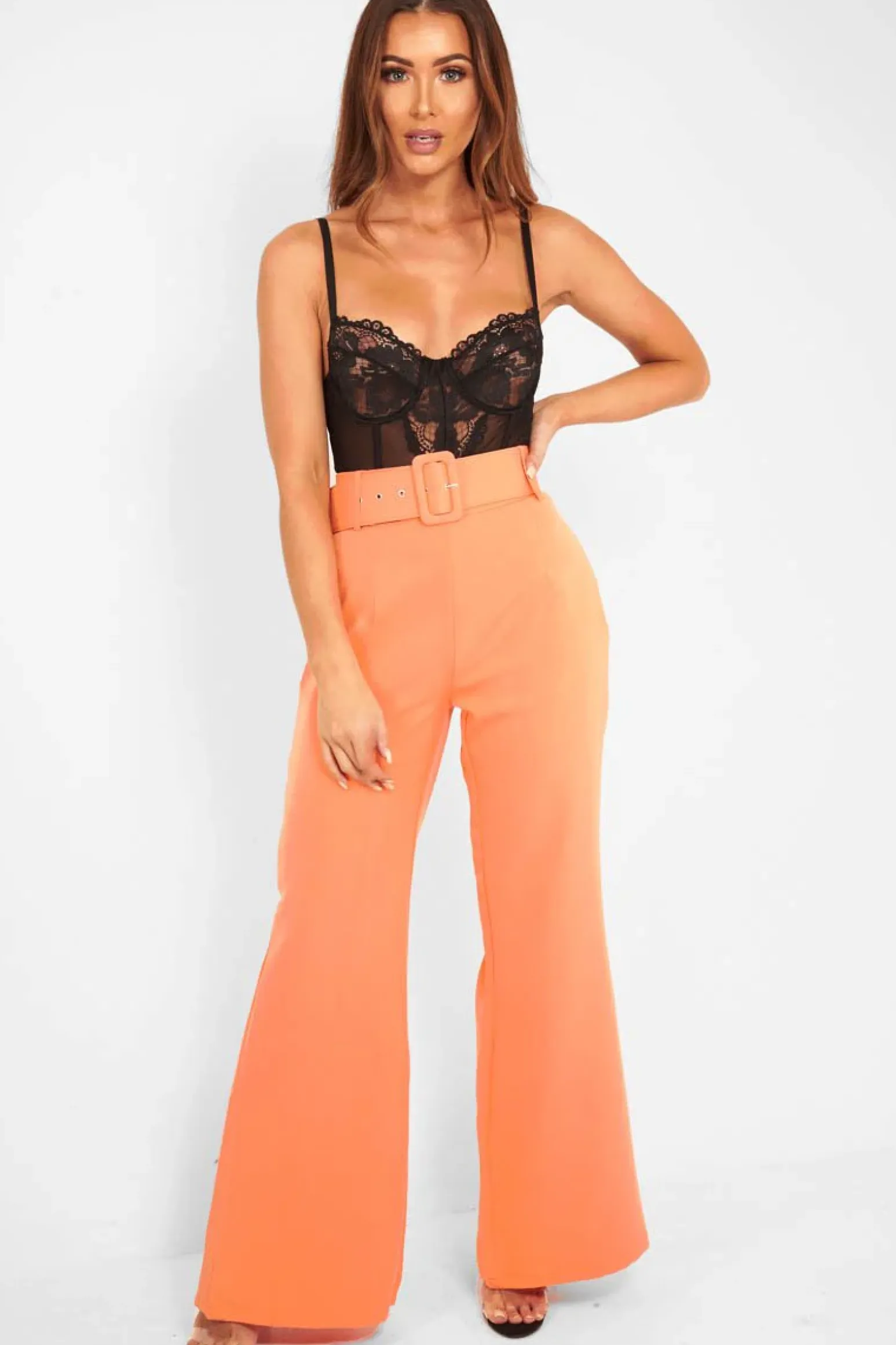 Rebellious Fashion Orange Tailored Wide Leg Belted Trousers - Chenelle