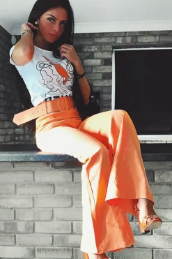 Rebellious Fashion Orange Tailored Wide Leg Belted Trousers - Chenelle