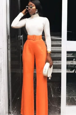 Rebellious Fashion Orange Tailored Wide Leg Belted Trousers - Chenelle