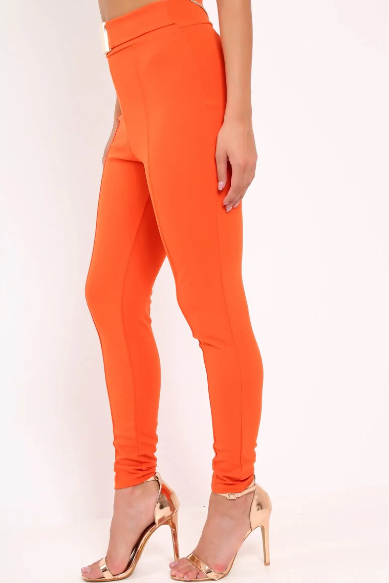 Rebellious Fashion Orange Tapered Trousers With Gold Buckle - Zyana