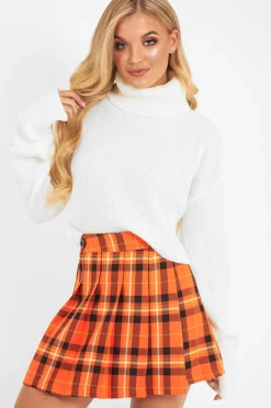 Rebellious Fashion Orange Tartan Button Front Pleated Skirt - Laela
