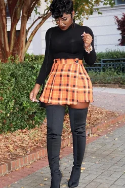 Rebellious Fashion Orange Tartan Button Front Pleated Skirt - Laela