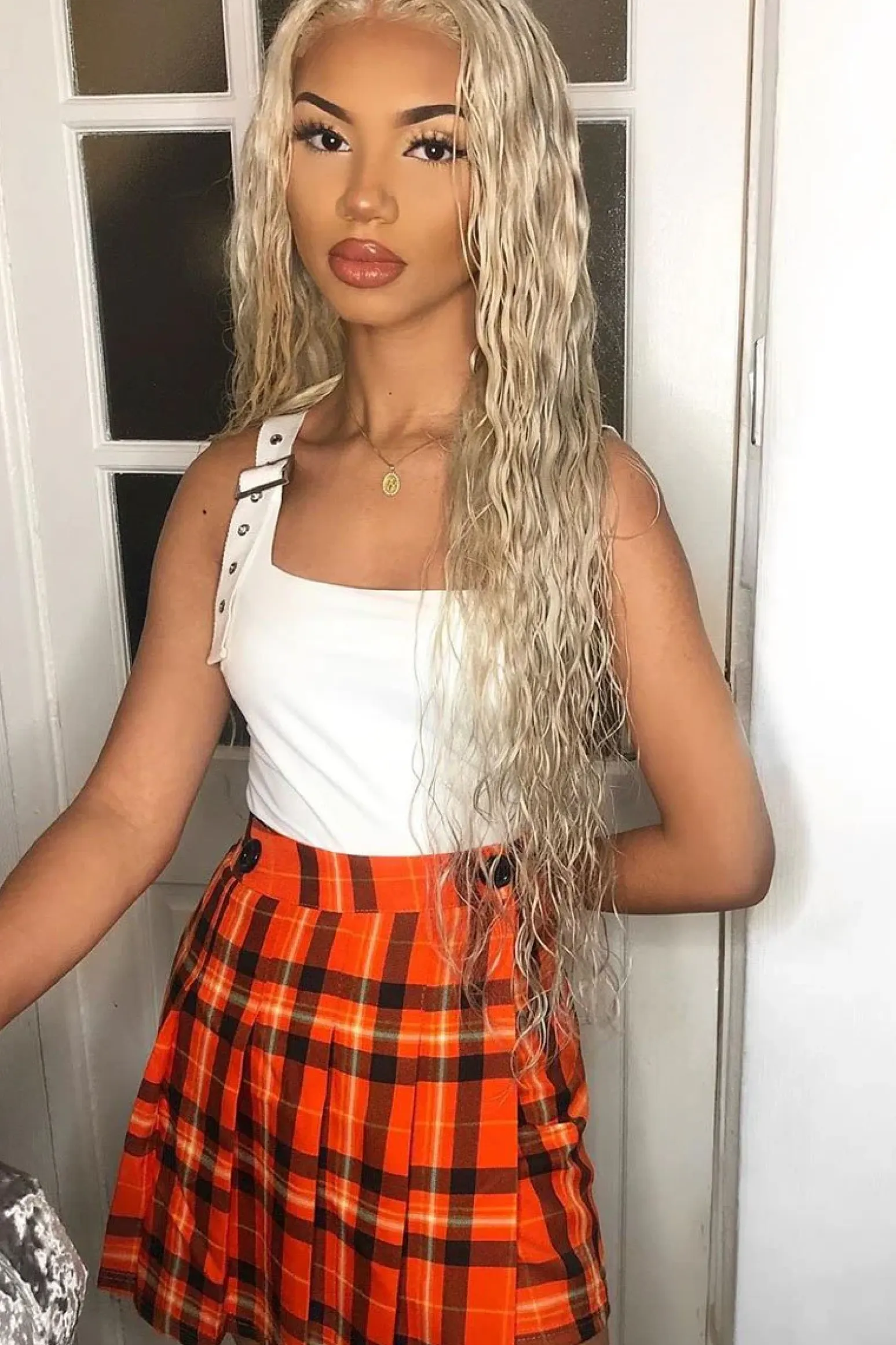 Rebellious Fashion Orange Tartan Button Front Pleated Skirt - Laela