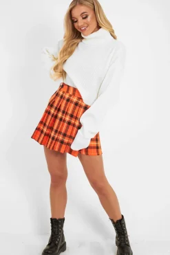 Rebellious Fashion Orange Tartan Button Front Pleated Skirt - Laela