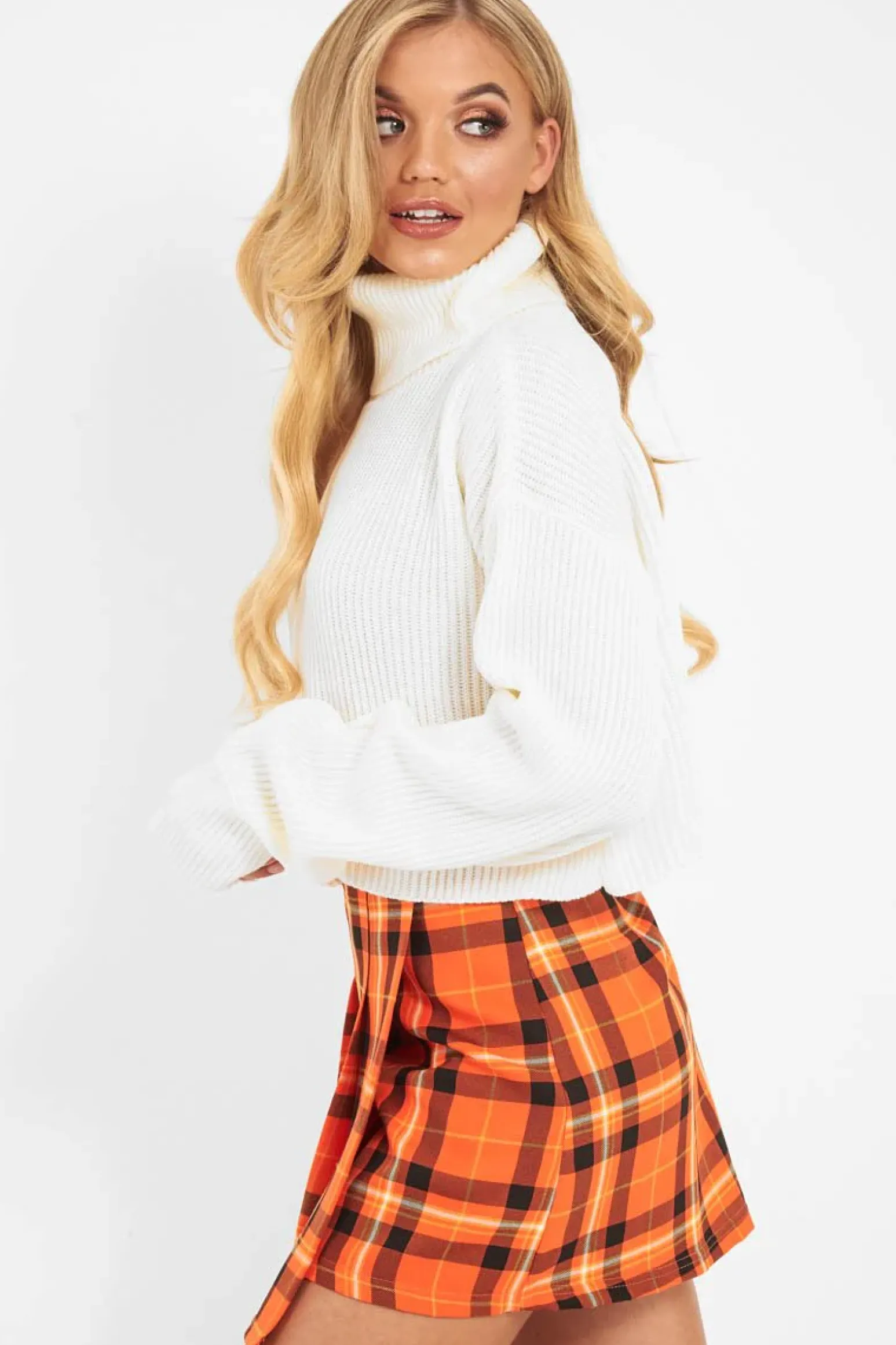 Rebellious Fashion Orange Tartan Button Front Pleated Skirt - Laela