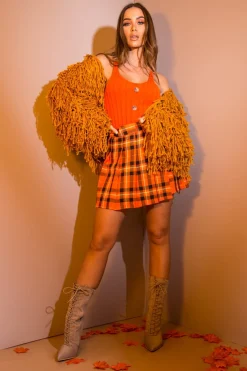 Rebellious Fashion Orange Tartan Button Front Pleated Skirt - Laela