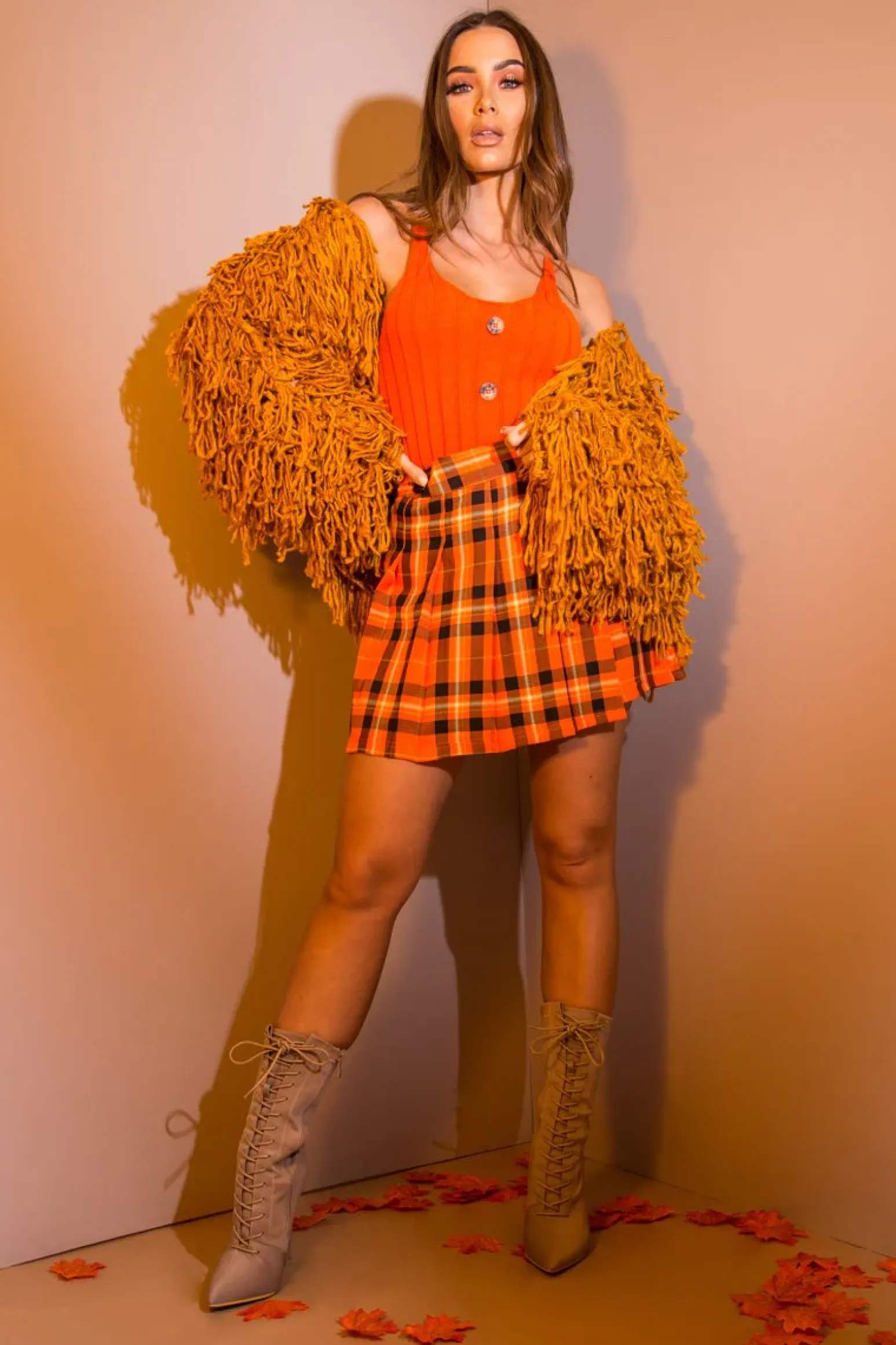 Rebellious Fashion Orange Tartan Button Front Pleated Skirt - Laela