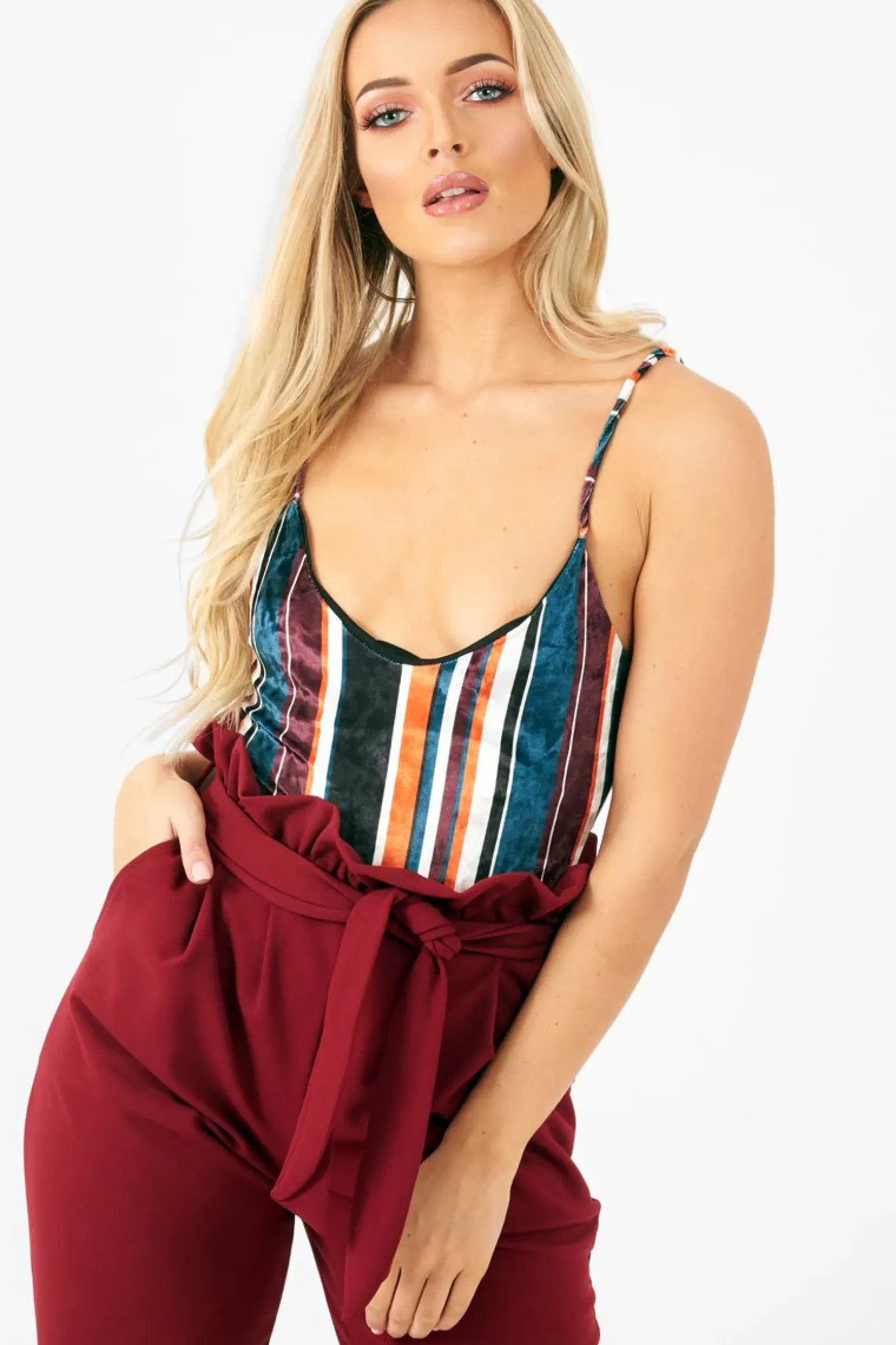 Rebellious Fashion Orange Teal Crushed Velvet Bodysuit - Jozlyn