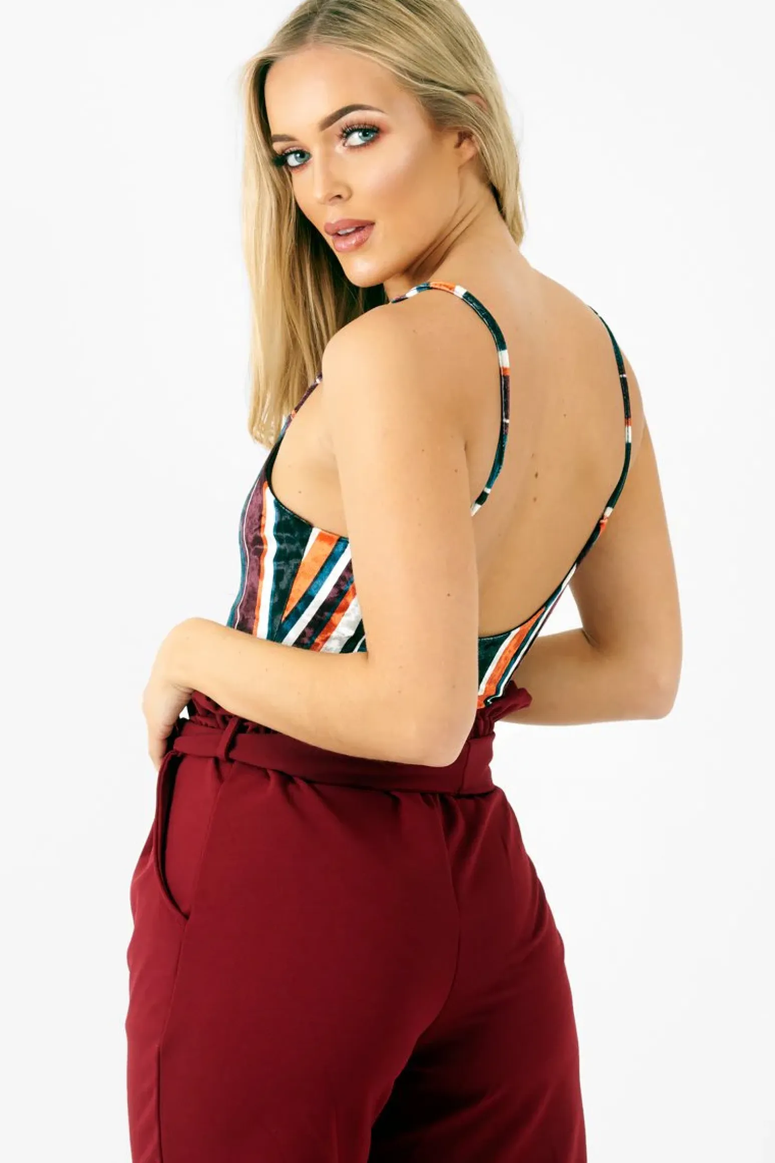Rebellious Fashion Orange Teal Crushed Velvet Bodysuit - Jozlyn