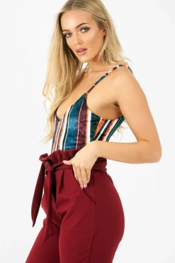 Rebellious Fashion Orange Teal Crushed Velvet Bodysuit - Jozlyn