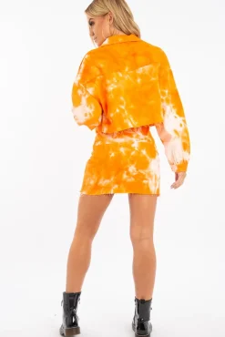Rebellious Fashion Orange Tie Dye Denim Jacket Skirt Co-ord - Aadya