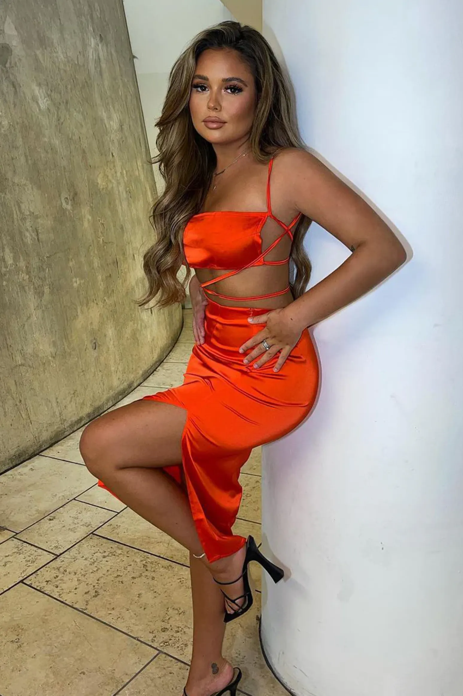 Rebellious Fashion Orange Tie Wrap Around Satin Crop Top & Skirt Co-Ord - Aalaysia