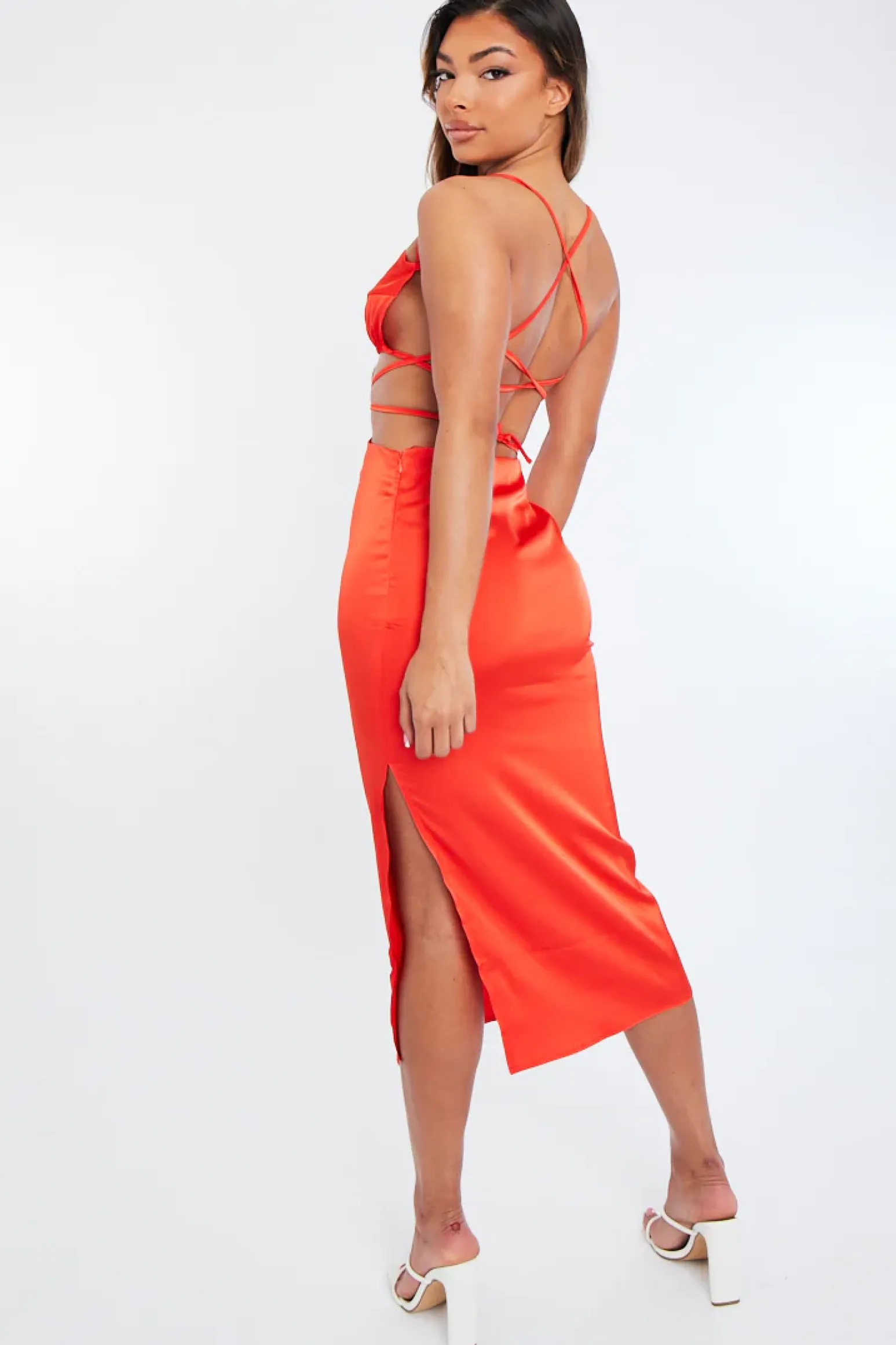 Rebellious Fashion Orange Tie Wrap Around Satin Crop Top & Skirt Co-Ord - Aalaysia
