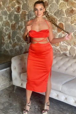 Rebellious Fashion Orange Tie Wrap Around Satin Crop Top & Skirt Co-Ord - Aalaysia